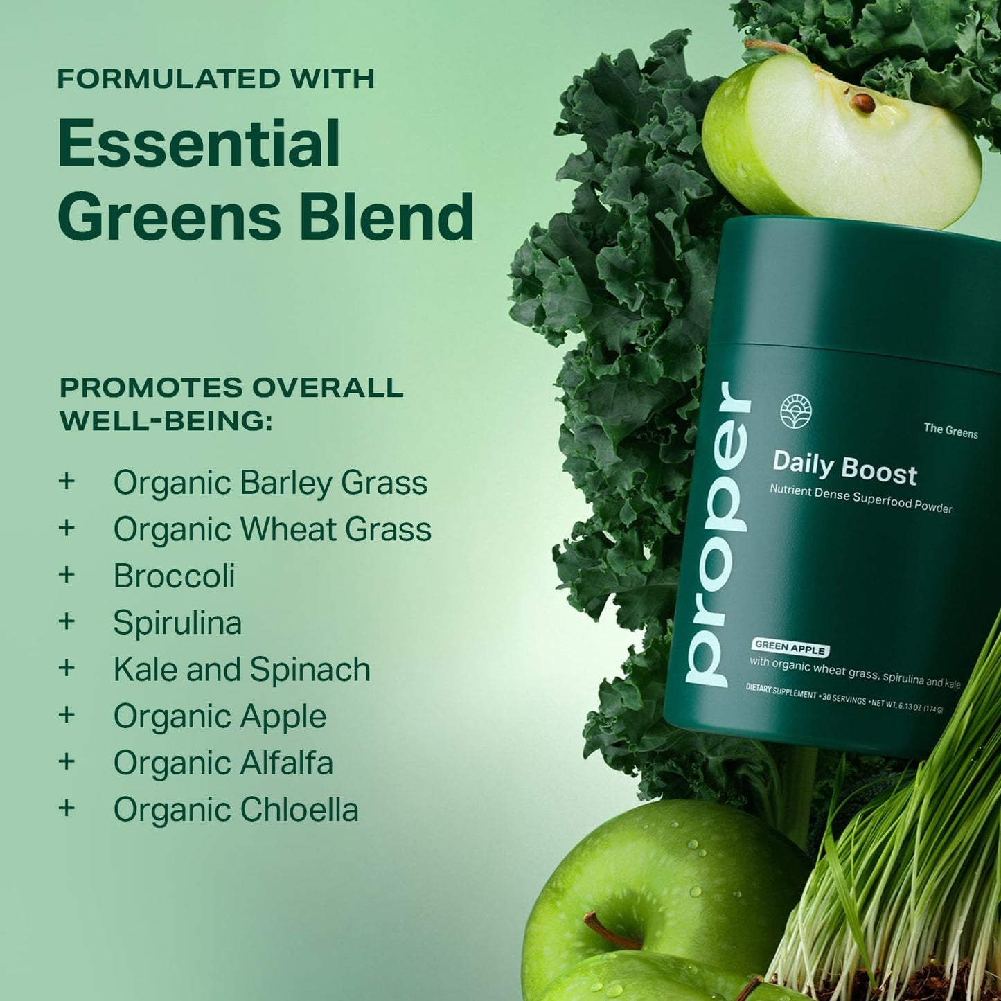 Proper, The Greens Daily Boost Organic Greens Powder. Whole Food, Apple Flavour Veggie Powder Superfood with Wheatgrass, Spirulina, Chlorella, Probiotics.