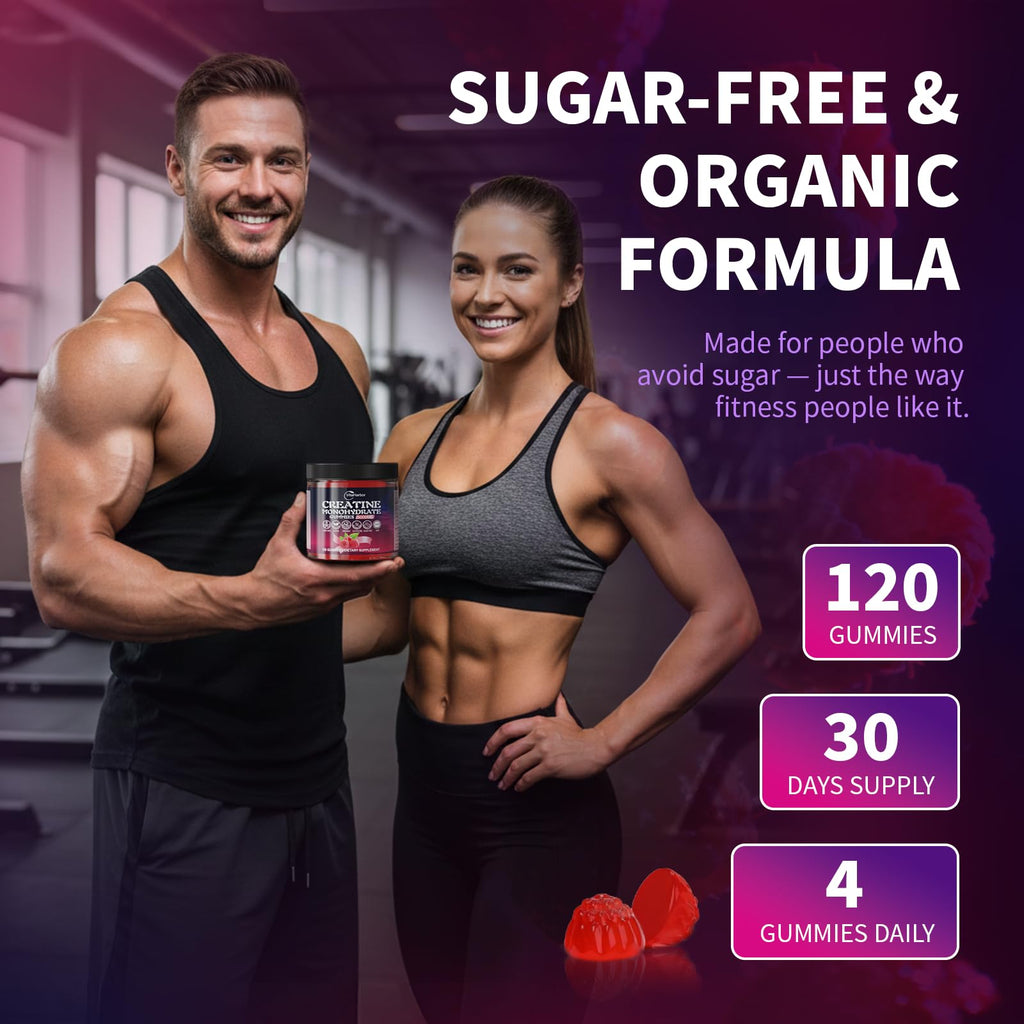 Creatine Monohydrate Gummies 5000mg for Men & Women, Organic Pure Creatine Gummies | Sugar Free,Vegan, Non-GMO,Raspberry Flavor, 120 Count