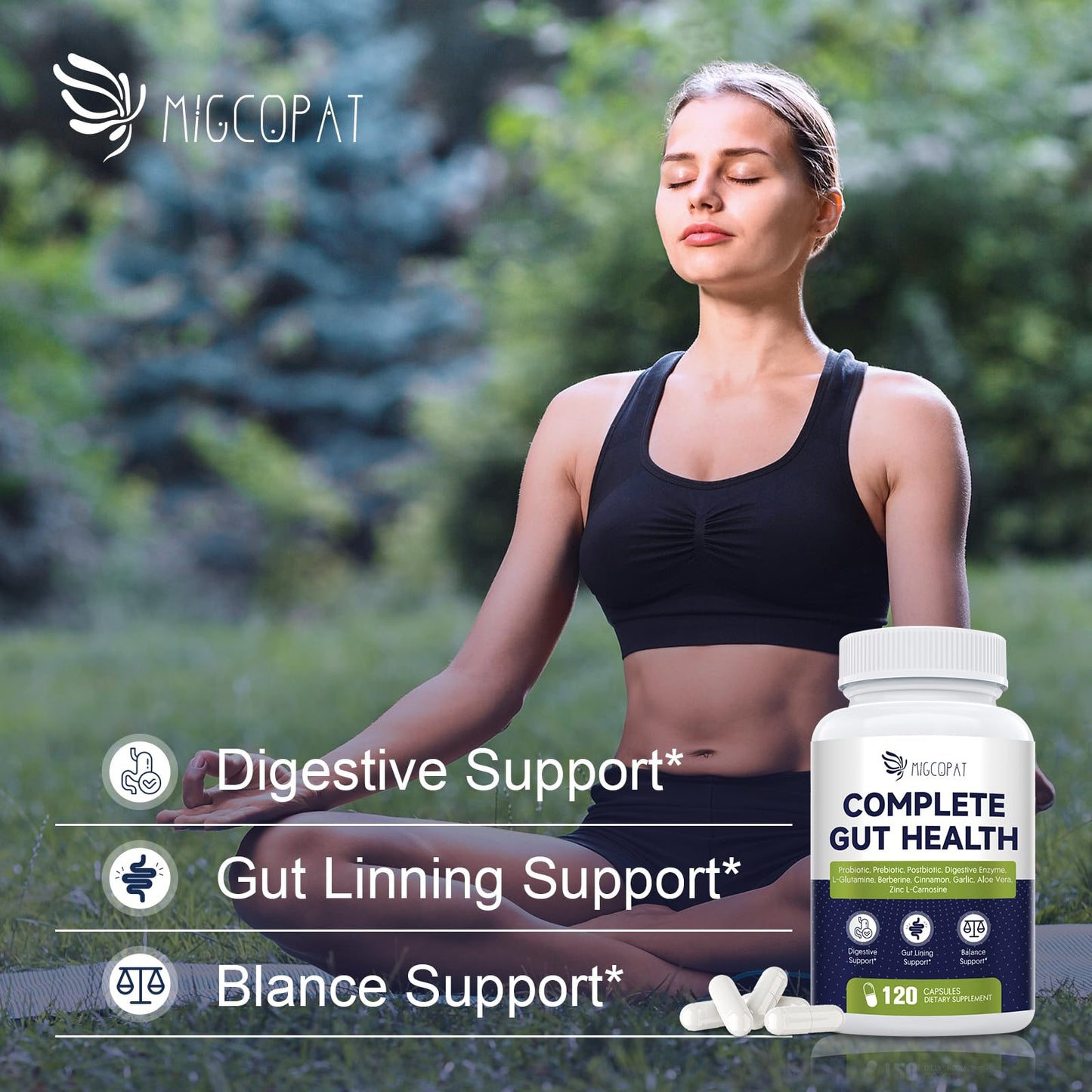 Migcopat Probiotic Prebiotic, Postbiotic & Digestive Enzymes for Digestive Health, 80 Billion CFU Probiotics Complete Gut Support with Berberine, Cinnamon, L-Glutamine