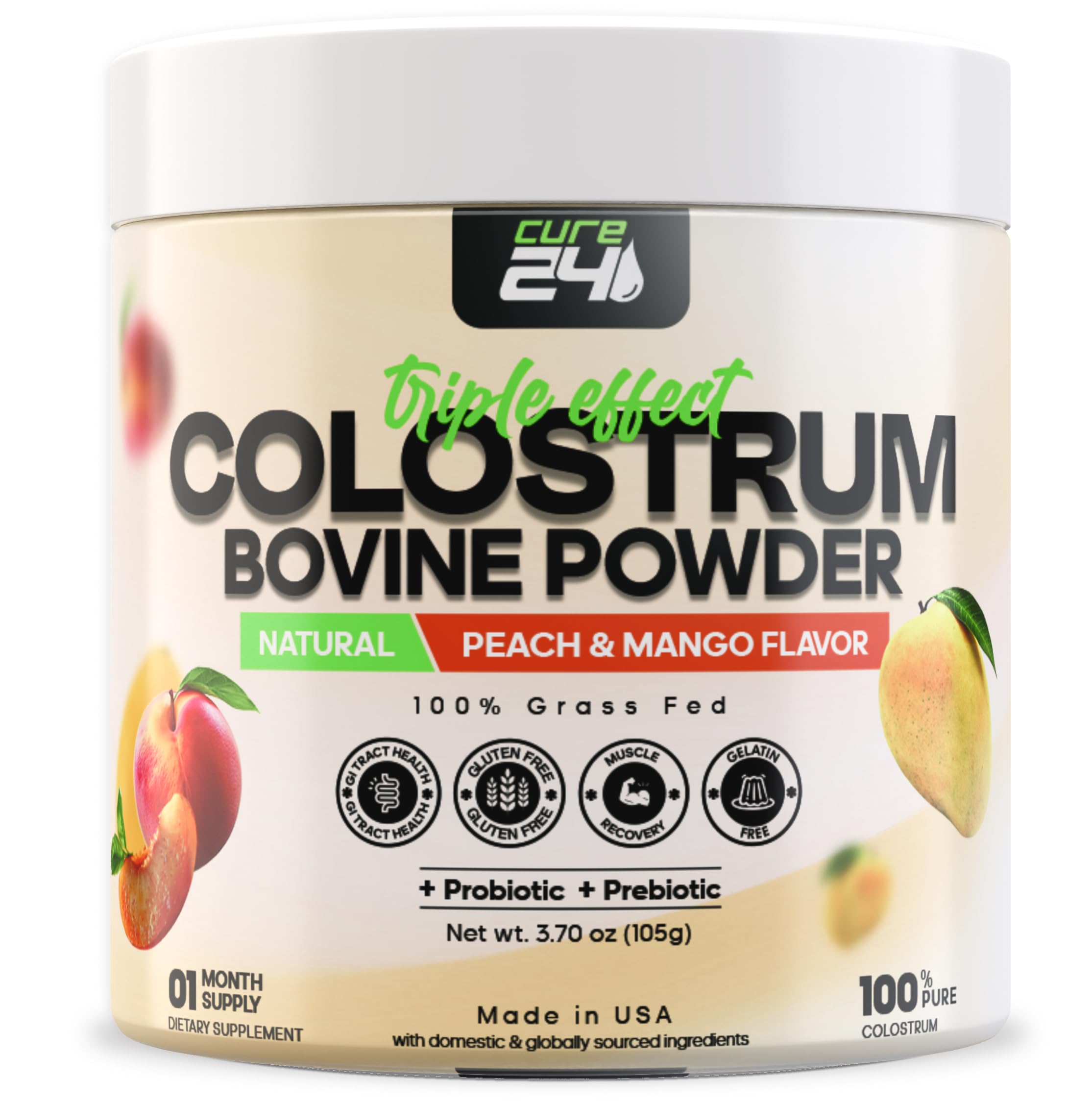 Colostrum bovine powder container with peach and mango flavor on a white background