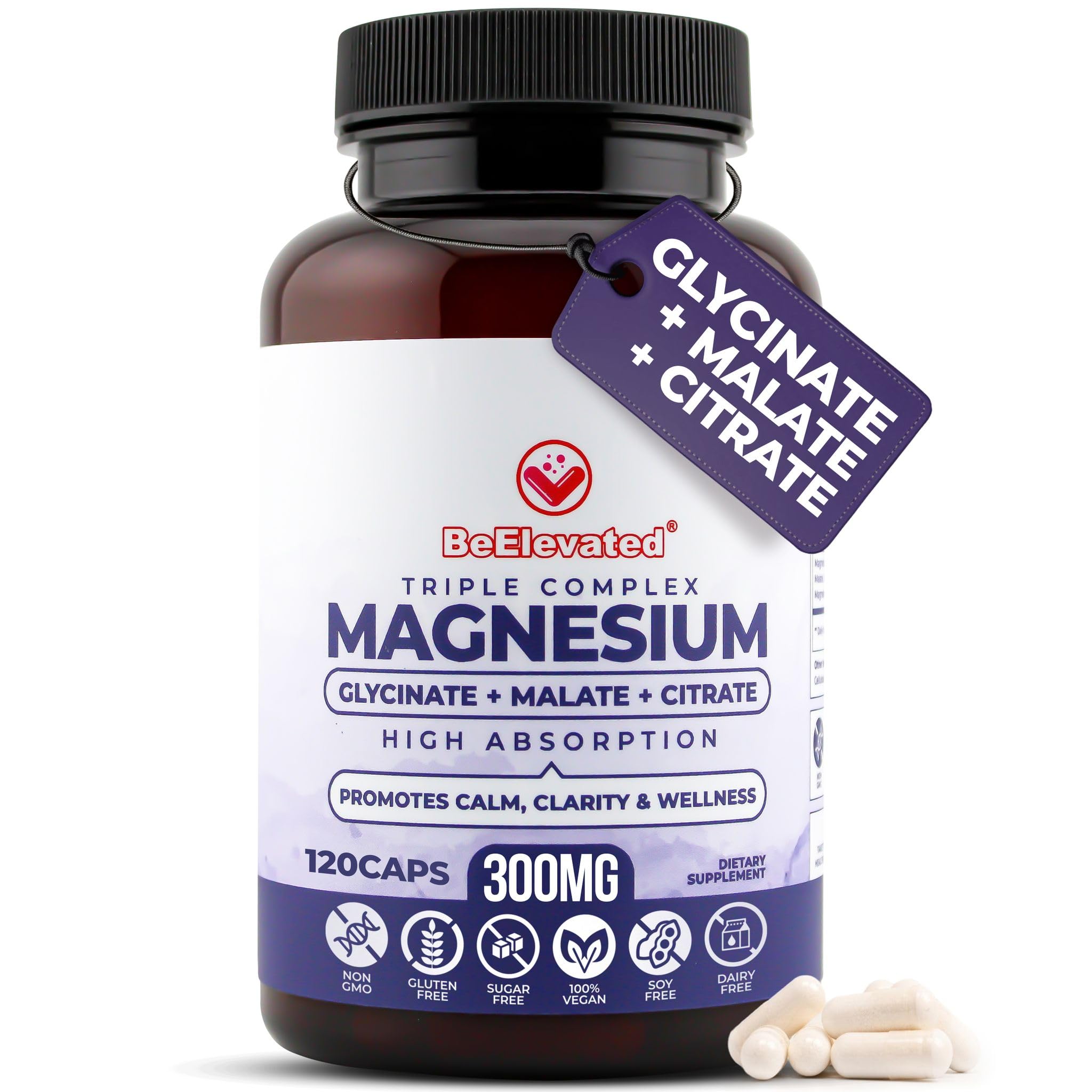 Bottle of BeElevated magnesium supplement with a purple label on a white background