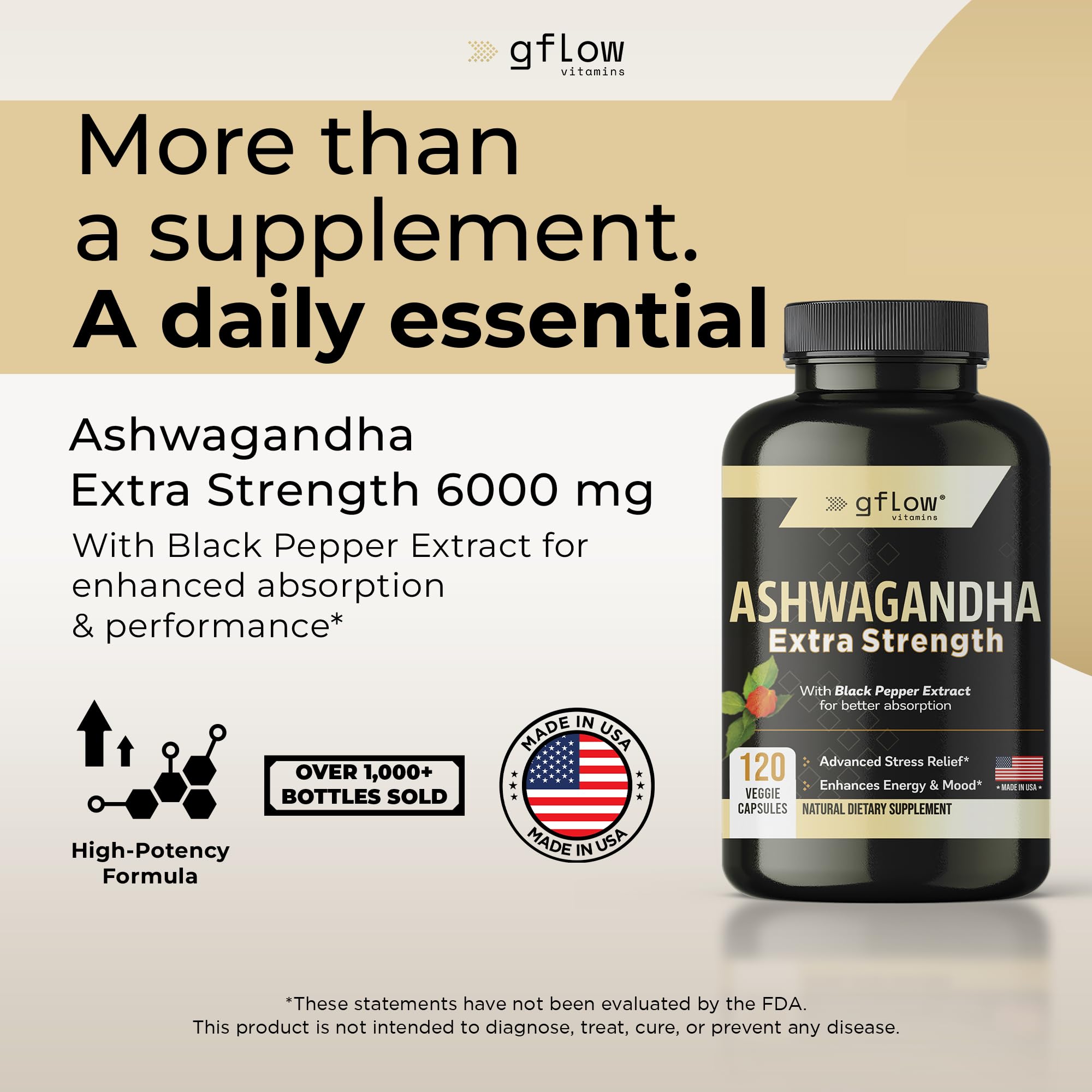 gflow vitamins Ashwagandha Supplements for Women and Men | Sleep, Mood and Energy Support | Extra Strength