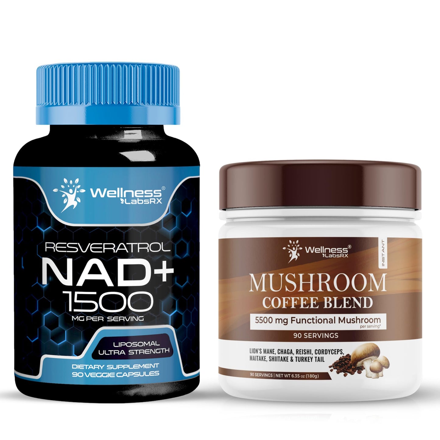 Two Wellness LabsRX products: Resveratrol NAD+ 1500 and Mushroom Coffee Blend on a white background.