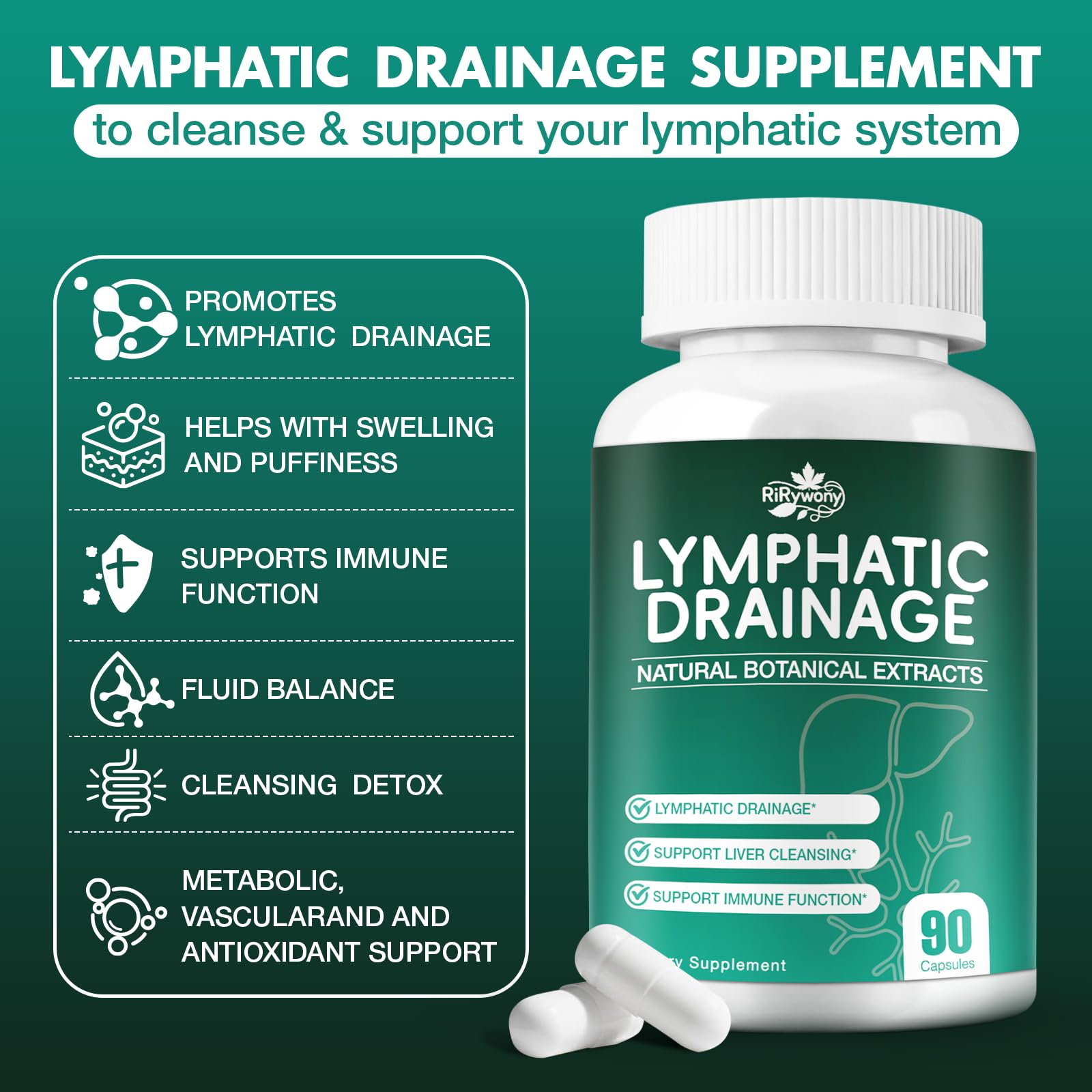RiRywony Lymphatic Drainage Supplements & Liver Cleanse Detox Repair Capsules – Natural Herbal Supplement with Echinacea, Supports Lymphatic System, Fluid Balance & Immune Health, 90 Capsules RiRywony buy supplements Au