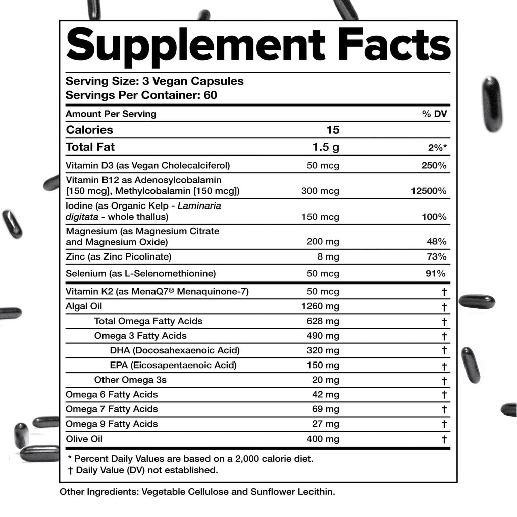 Complement Essential Vegan Multivitamin for Men & Women (60 Servings, 180 Capsules) with Omega-3 DHA & EPA, B12, Vitamin D3 & K2 Complement