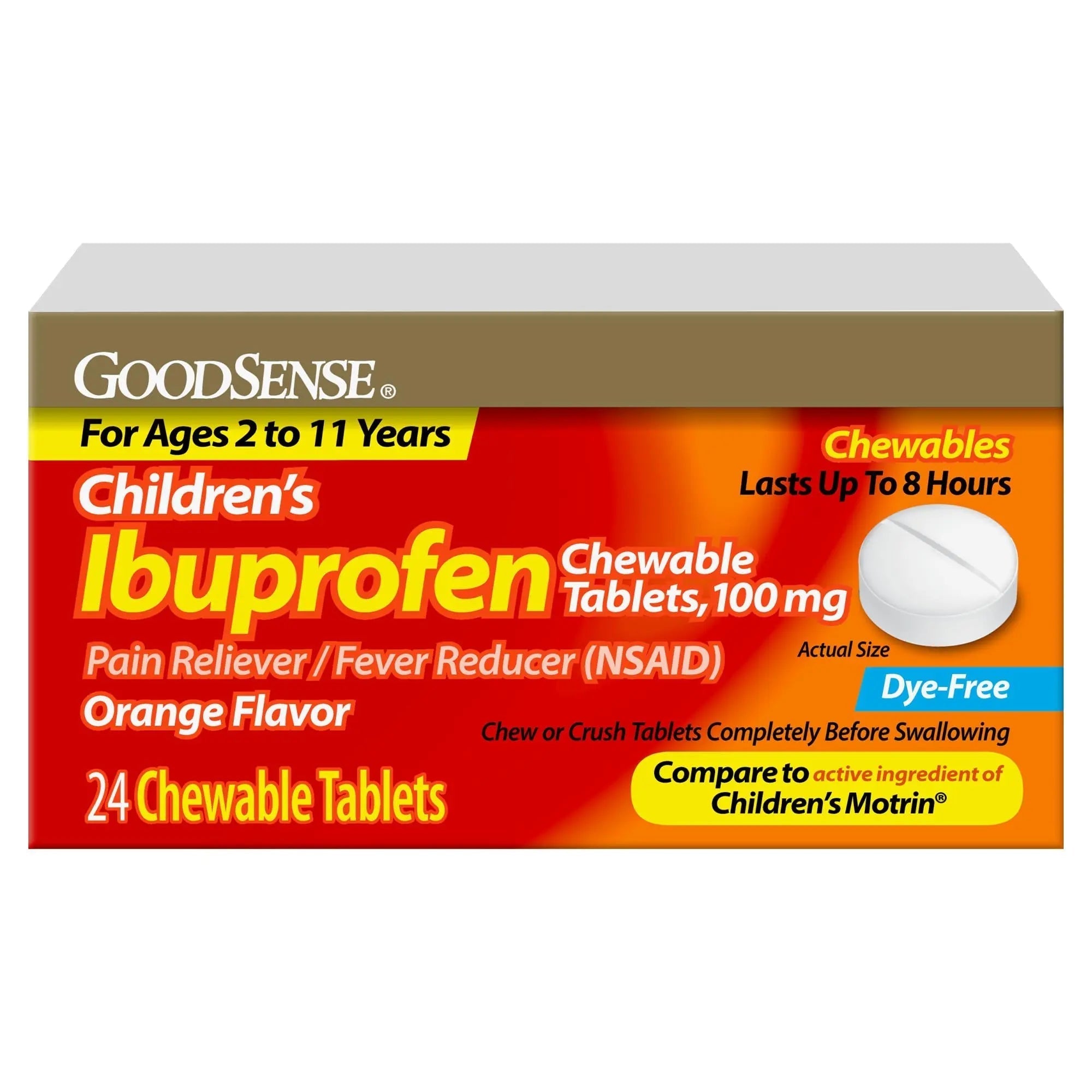 Childrens Ibuprofen Chewable Tablets, 100 mg, Orange Flavor, Pain Reliever and Fever Reducer, 24 Count GoodSenseBuy Supplements Australia