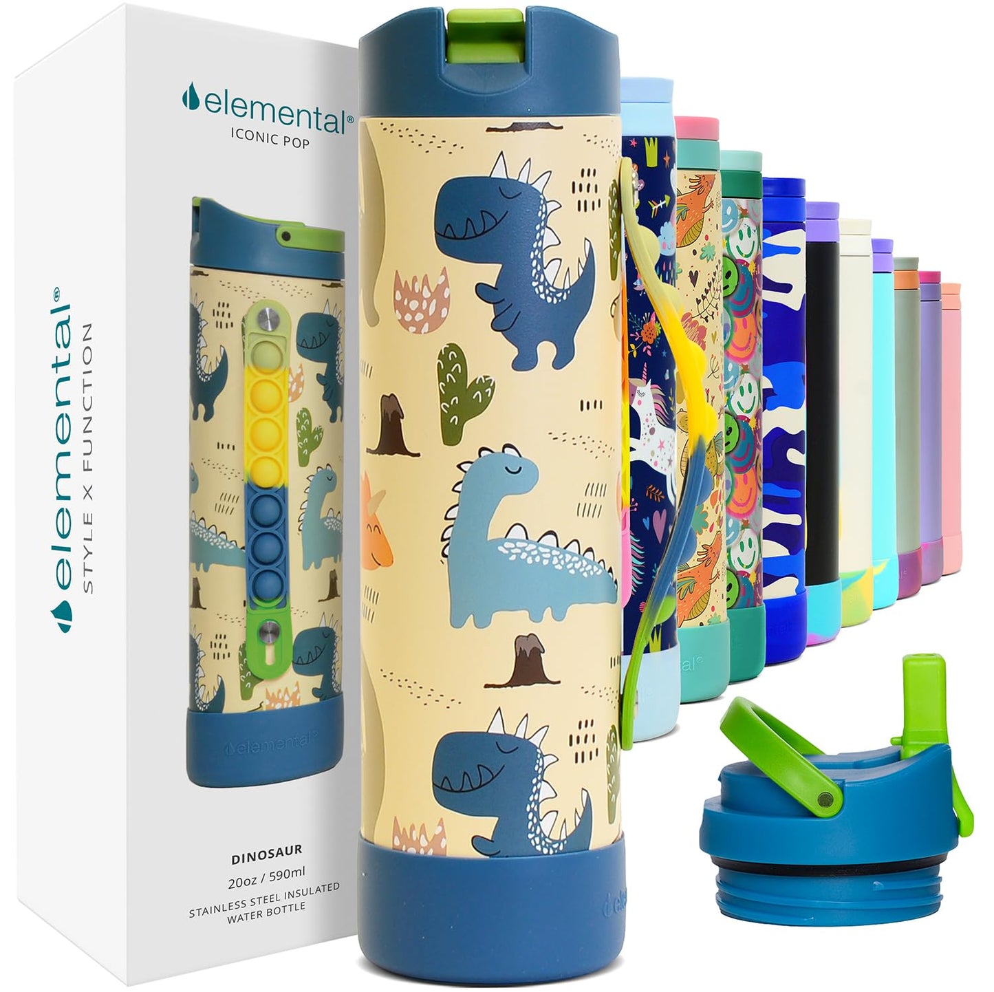 Elemental Iconic Kids Water Bottle for School - 100% Leak-Proof Insulated Water Bottles with Straw Lid & Pop-It Handle for Boys & Girls - Triple-Wall Insulated & BPA-Free, 20oz – Dinosaur Elemental buy supplements Au