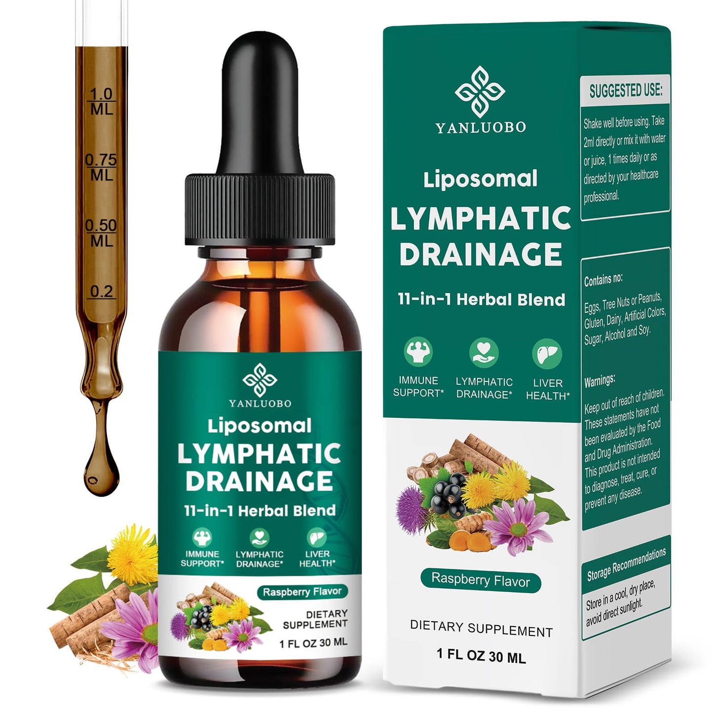 Lymphatic Drainage Drops - 11 in 1 Lymphatic Supplement for Immune, Lymph System & Liver Detox - with Echinacea, Horse Chestnut, Dandelion, Elderberry & Burdock - Raspberry Flavor, Vegan, 2 Fl Oz YANLUOBO buy supplements Au