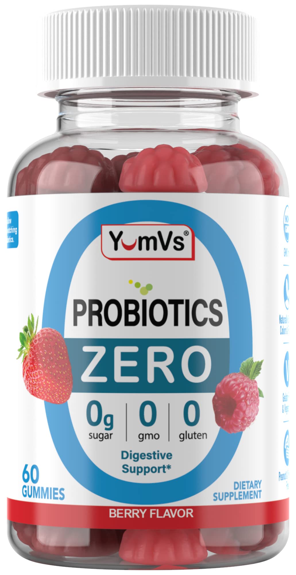 YUM-V'S Sugar Free Probiotic Gummies - Probiotics for Men & Women to Help Support Digestive Function – Adults & Kids Probiotic with 5 Billion CFU Bacillus Coagulans – Vegan & Gluten-Free (60 Count)