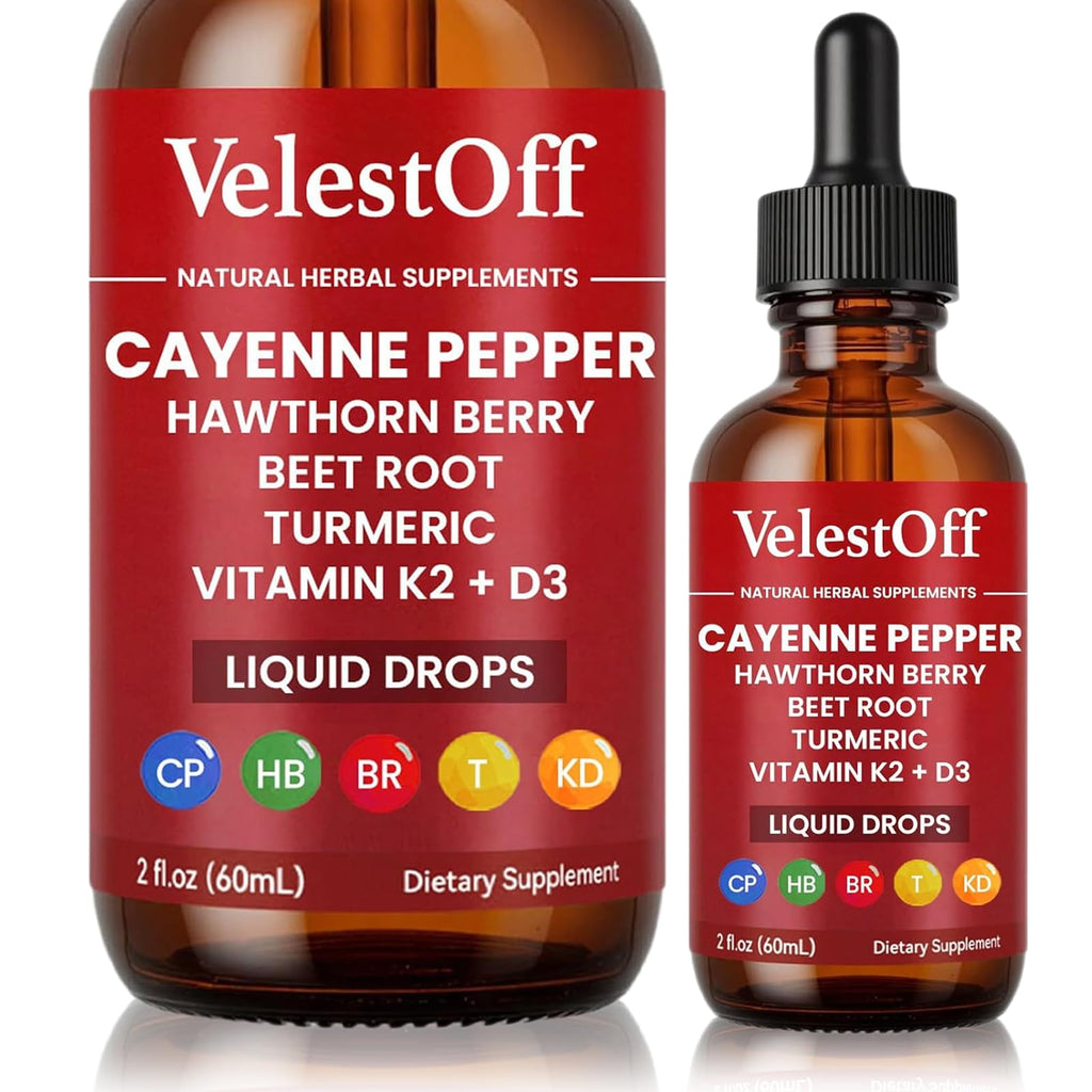 Two bottles of VelestOff Cayenne Pepper Hawthorn Berry Beet Root Turmeric Vitamin K2 + D3 Liquid Drops on a white background.