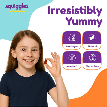 Squiggles Kids Multivitamin + Iron Gummies - Low Sugar Gummy Vitamins with Iron Supplements for Kids Squiggles