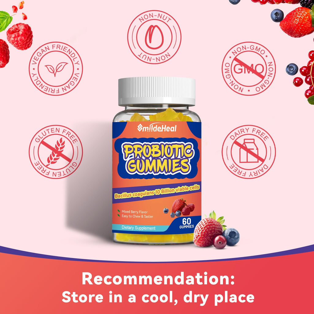 SmildeHeal Probiotic Gummies for Digestive Health - 10 Billion CFU Bacillus Coagulans - Vegan & Non-GMO - Immune & Digestive Support for Men & Women