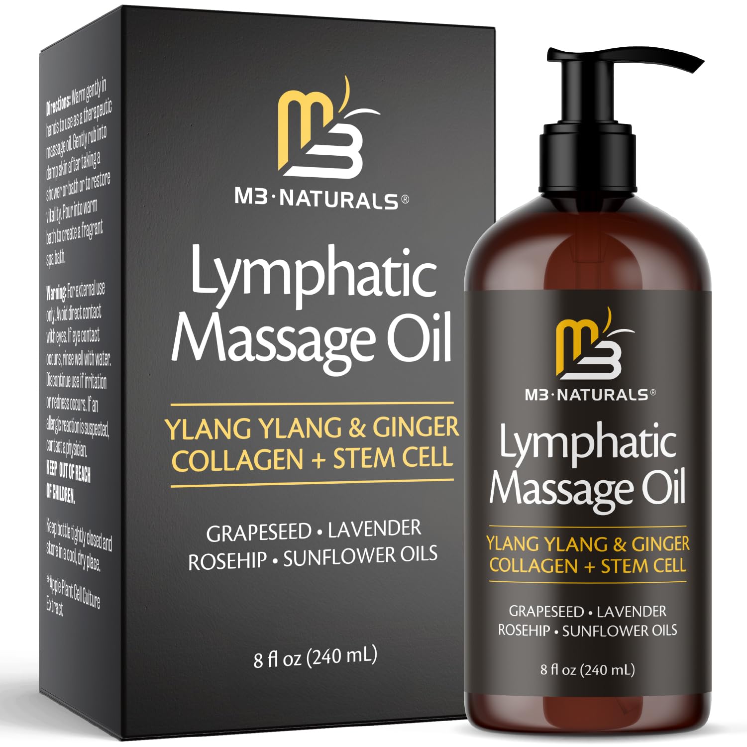 Lymphatic Massage Oil for Massage Therapy - Lymphatic Drainage Oil for Body Care Circulation & Detox Support with Ylang Ylang, Ginger, Lavender, Grapeseed, Vitamin E & Stem Cell (8 Fl Oz) by M3 M3 Naturals buy supplements Au