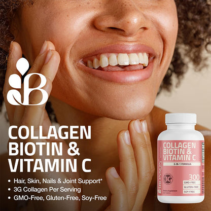 Bronson Collagen Peptides 3000mg (per Serving) with Biotin & Vitamin C - for Hair, Skin & Nails Support, Non-GMO, 90 Tablets