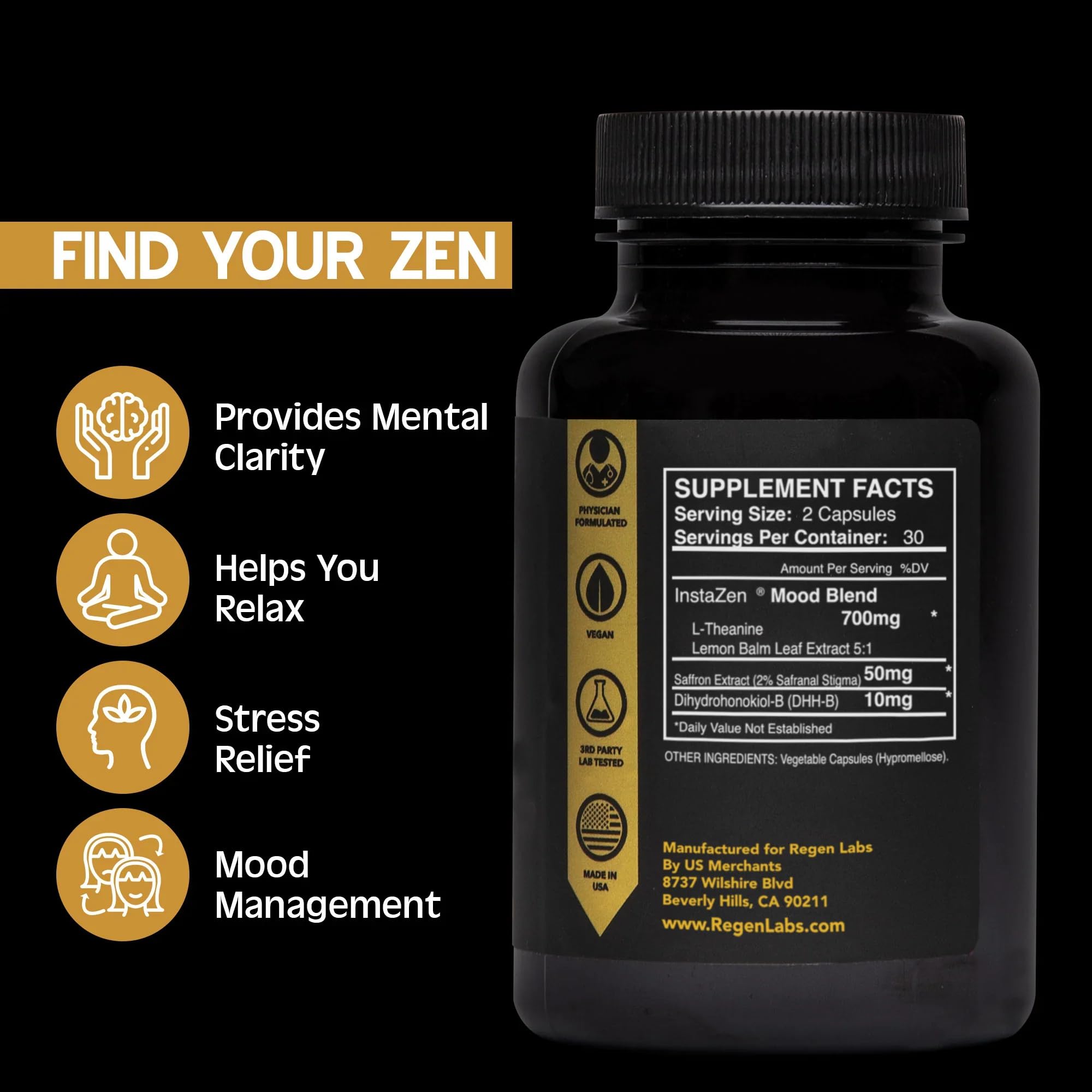 InstaZen Natural Stress Relief Supplement Mood Support | Doctor Formulated Herbal Calm Formula with DHHB, Safranal Extract, L-Theanine, Lemon Balm | Stress Support - 60 Capsules Regen Labs Regen LabsBuy Supplements Australia