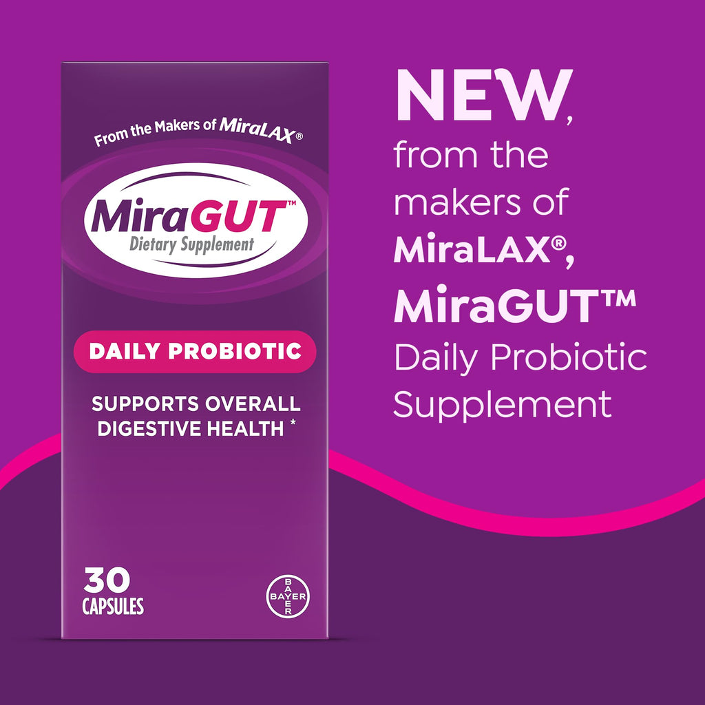 MiraGUT Daily Probiotic, from the Makers of MiraLAX, Probiotics for Digestive Health, Gluten-Free Supplement, Probiotic for Women and Men