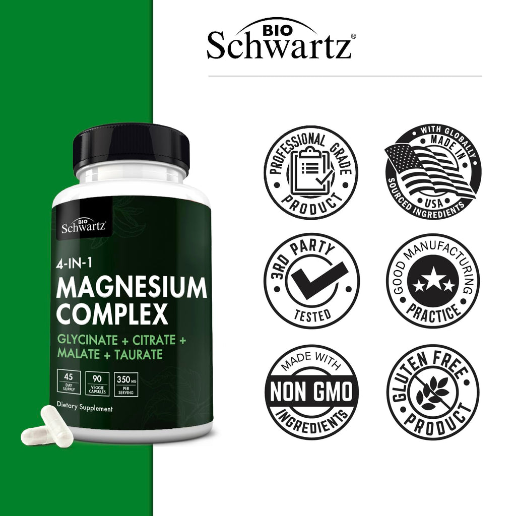 BioSchwartz Magnesium Complex Supplement (90 Capsules) 350mg Magnesium Glycinate Citrate Malate and Taurate Per Serving for Healthy Nerves Muscles Heart Sleep Support (Vegan, Gluten-Free, Non-GMO) BioSchwartz buy supplements Au