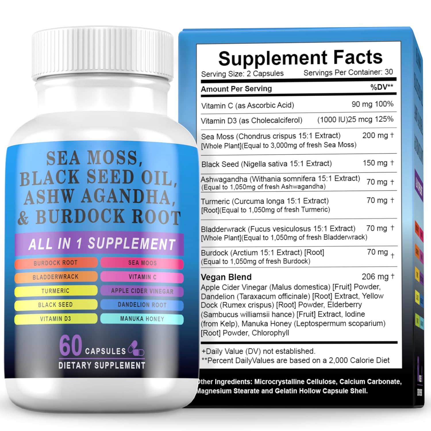 Supplement bottle and packaging with ingredients listed on a white background