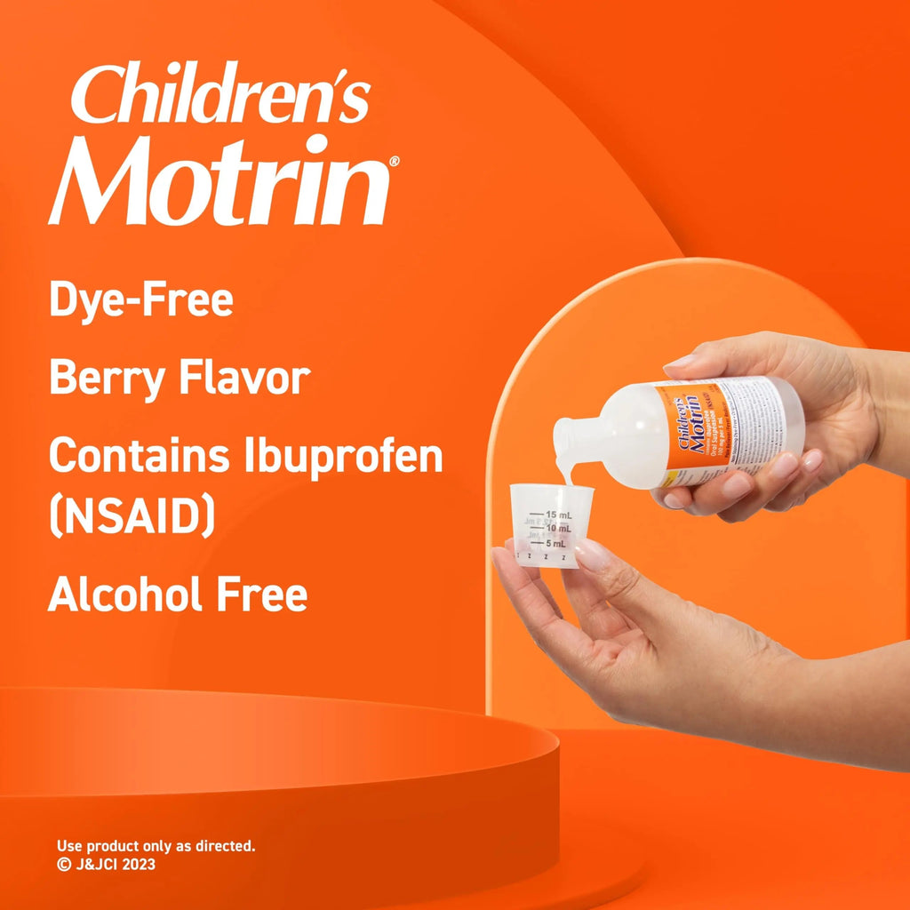 Children's Motrin Oral Suspension 100mg Ibuprofen Medicine, NSAID Fever Reducer & Pain Reliever for Minor Aches & Pains Due to Cold & Flu, Dye Free, Alcohol-Free, Berry Flavored, 8 fl. oz MotrinBuy Supplements Australia