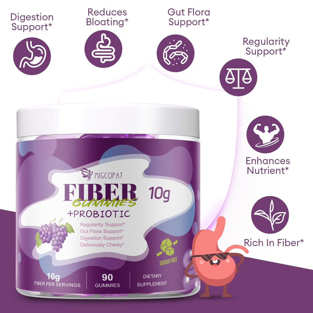Migcopat 10G Fiber Gummies with 30 Billion CFU Probiotics, Grape Flavor, Bloating Support, Fiber Supplement with Vitamin C,