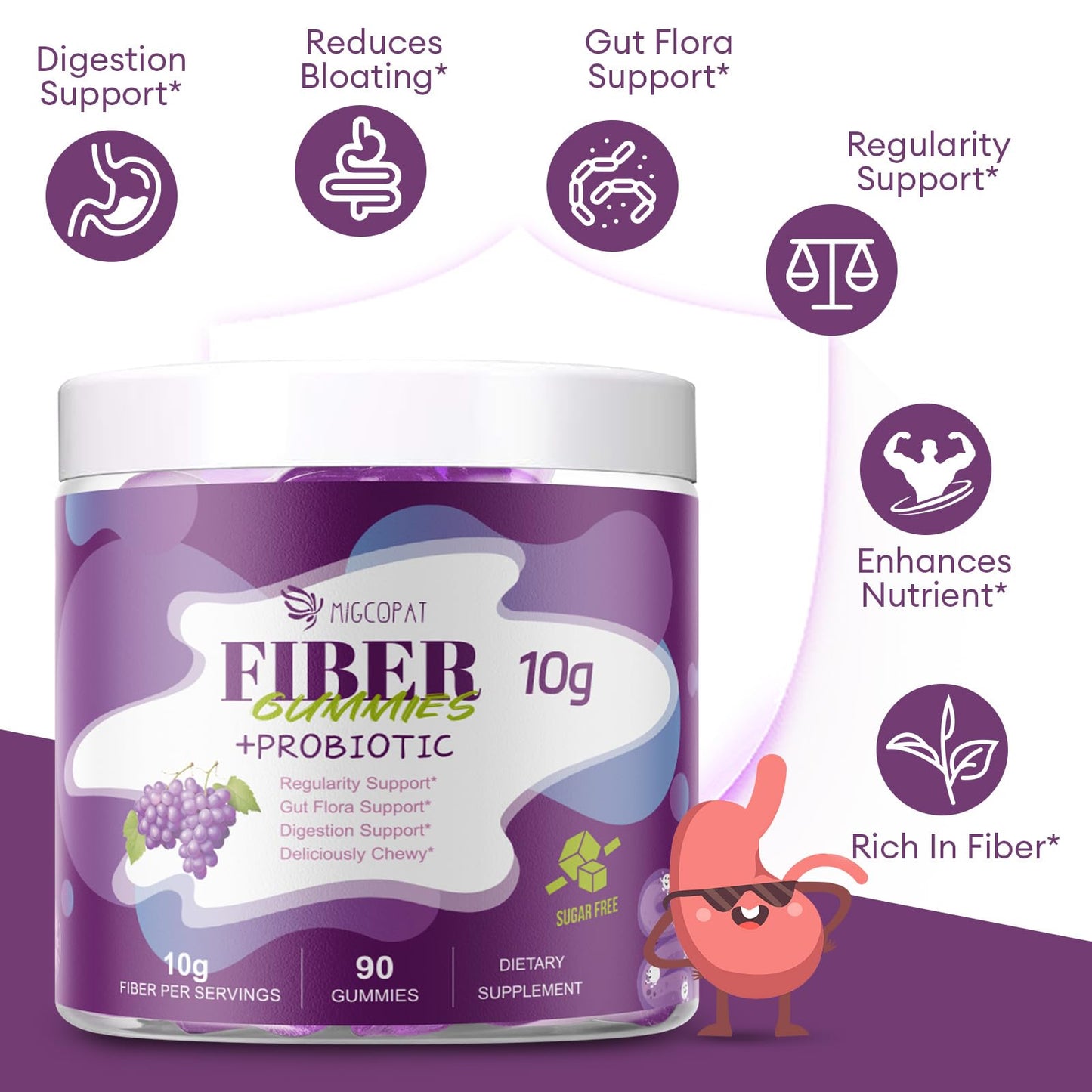 Migcopat 10G Fiber Gummies with 30 Billion CFU Probiotics, Grape Flavor, Bloating Support, Fiber Supplement with Vitamin C,