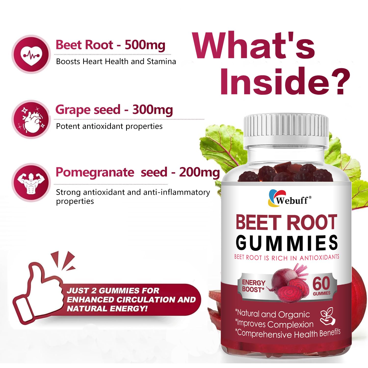 Webuff Beet Root Gummies - Nitric Oxide Booster with Organic Beet, Pomegranate & Grape Seed, Vitamin B12 - Energy, Circulation & Heart Health Support, Vegan, Non-GMO, 60 Count (Pack of 1) Webuff buy supplements Au