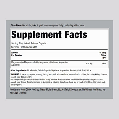 Piping Rock Triple Magnesium Complex | 420 mg | 200 Capsules | Magnesium Oxide, Citrate, and Aspartate Supplement | Non-GMO, Gluten Free Piping Rock buy supplements Au