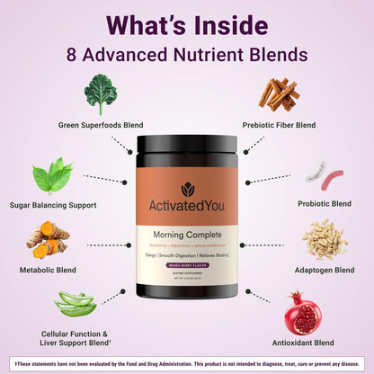 ActivatedYou Morning Complete Super Greens Powder Drink Mix - Gut Health Boost with Prebiotics, Probiotics, & Antioxidants - 10 Billion CFUs, Mixed Berry Flavor