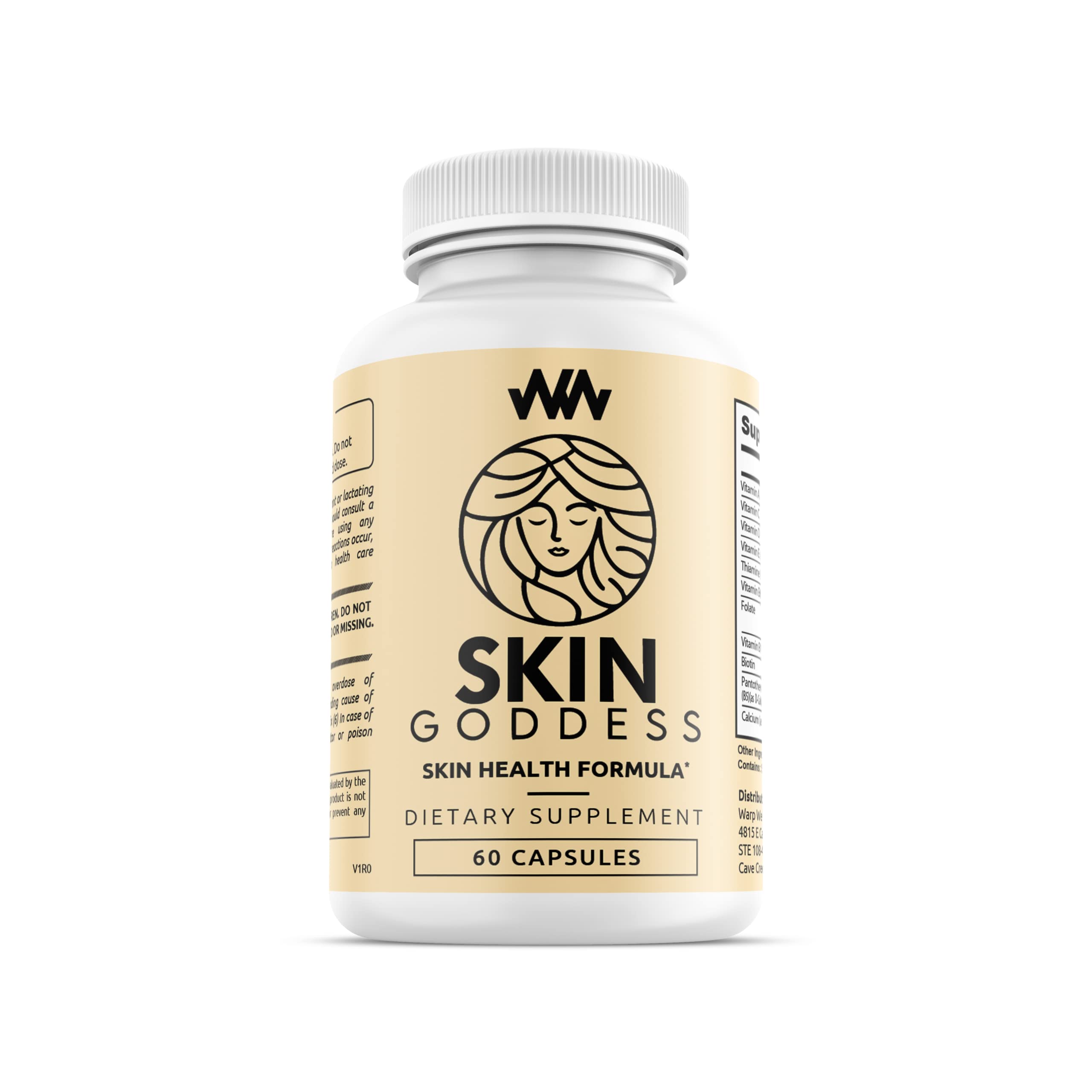 Supplement bottle labeled 'Skin Goddess' on a white background