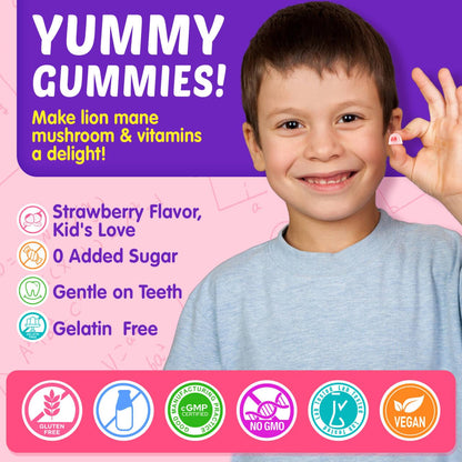 Kids Brain Gummies with Lion's Mane Mushroom, Methyl B6, B9, B12, Supper Greens, Lutein, Brain Booster Supplement for Focus & Attention, Cognitive Function, Vision & Energy, Sugar Free, Vegan 2 Pack NextdiaBuy Supplements Australia