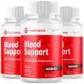 Three bottles of TrueBalance Blood Support supplement on a white background