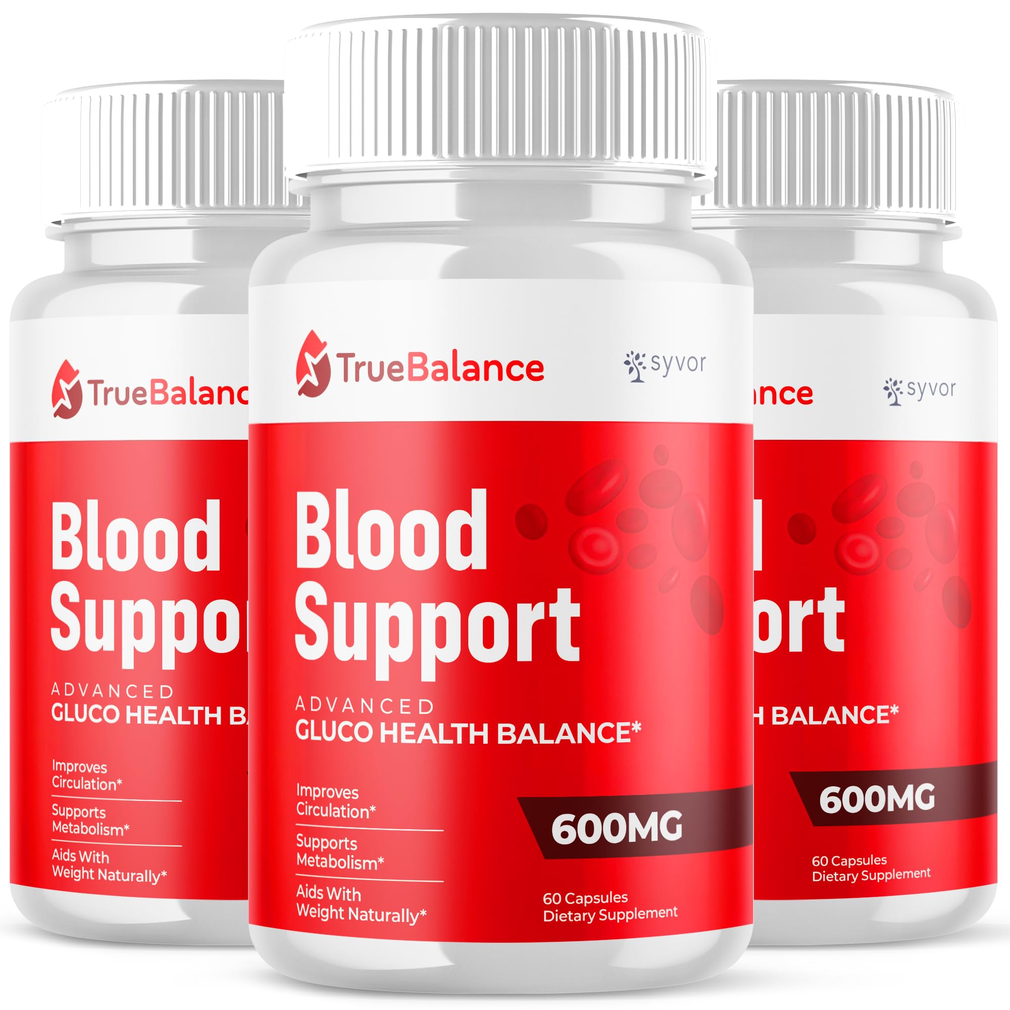 Three bottles of TrueBalance Blood Support supplement on a white background