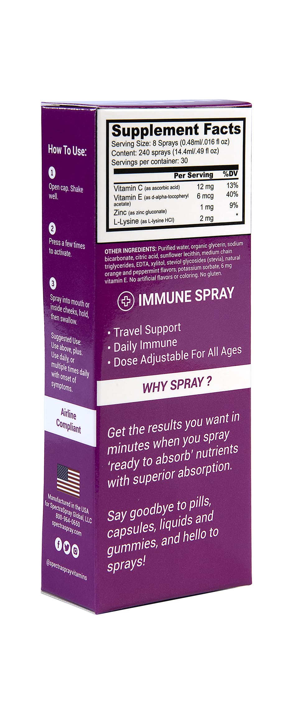Spectraspray Immune Support Vitamin Spray - Vitamins C, E, Zinc and L-Lysine, 30 Day Supply per Spray Spectraspray buy supplements Au