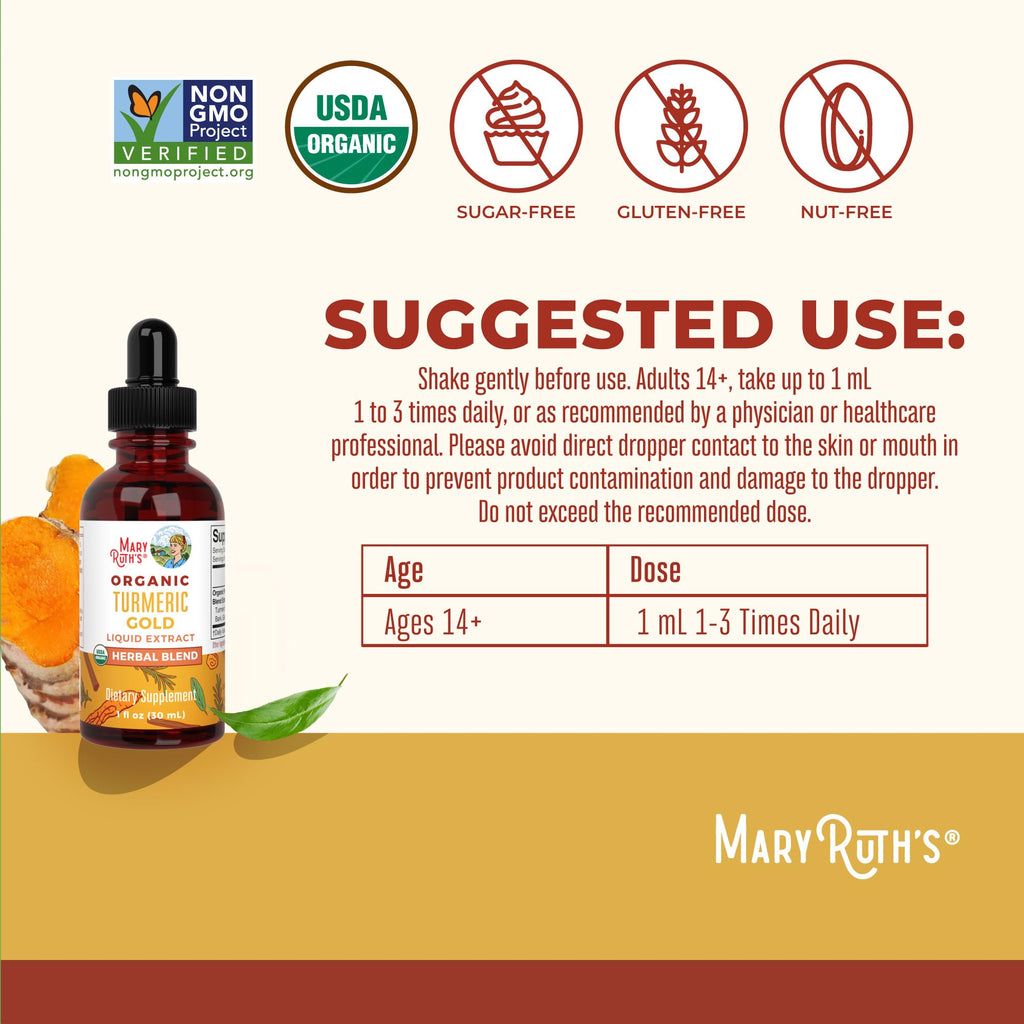 MARYRUTH'S Organics USDA Turmeric Gold Liquid Drops | Herbal Blend | Turmeric Curcumin | Black Pepper | Cassia Cinnamon Bark | Ginger Root | Immune Support