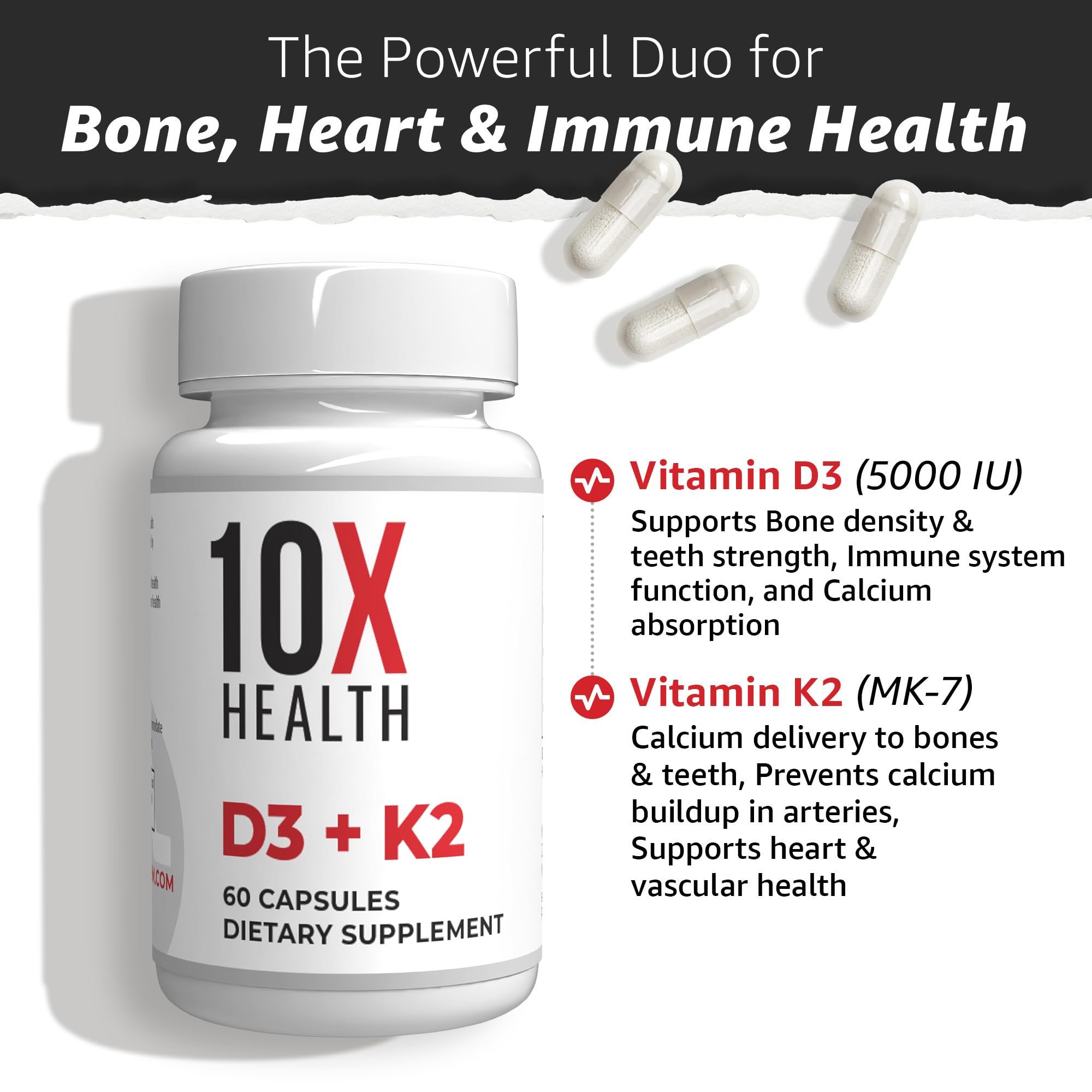 10X Health Vitamin D3 5000 IU & K2 MK7 - Menaquinone 7, High-Potency D3 K2 Vitamin Supplement for Bone Health, Heart and Teeth - 125 mcg Vitamin D & 90 mcg Vitamin K2-60 Capsules 10X Health System buy supplements Au