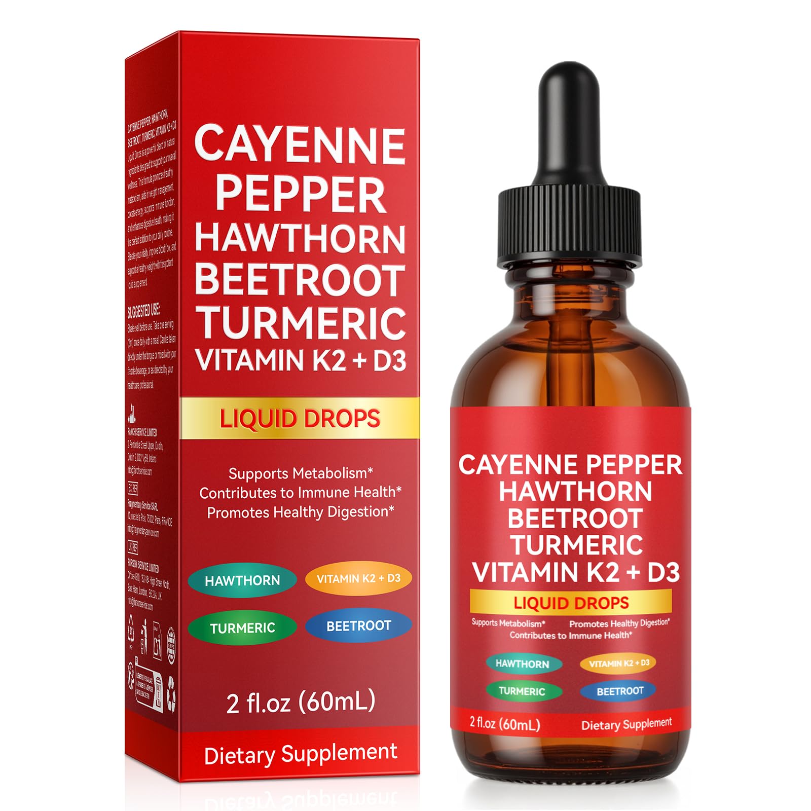 Cayenne Pepper Hawthorn Beetroot Turmeric Vitamin K2+D3 liquid drops with packaging on a white background