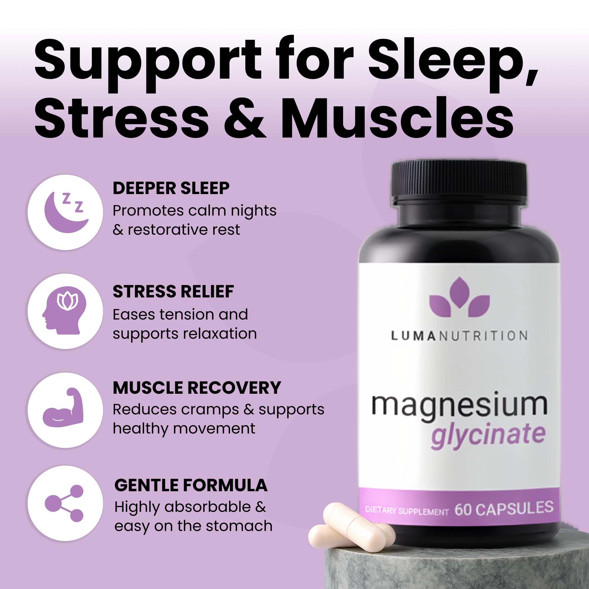 Luma Nutrition Magnesium Glycinate 1000mg - Support Stress, Sleep, Nerve & Muscle Health - 500mg Pure Magnesium Supplement Capsules - Chelated for High Absorption - 60 Veggie Capsules Luma NutritionBuy Supplements Australia