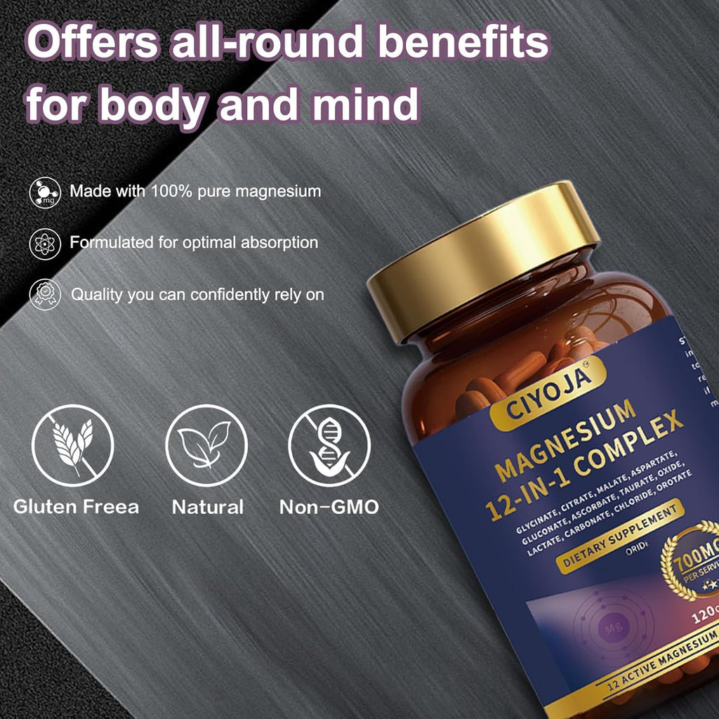 12 in 1 Magnesium Complex 700mg: Magnesium Supplement with Glycinate, Citrate, Malate, Taurate, High Absorption Magnesium for Sleep, Muscle Recovery, Nerve & Heart Support, Vegan, 120 Capsules CIYOJA buy supplements Au