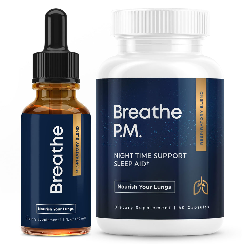 Bottle of 'Breathe P.M.' sleep aid supplement and dropper bottle on a white background