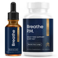 Bottle of 'Breathe P.M.' sleep aid supplement and dropper bottle on a white background