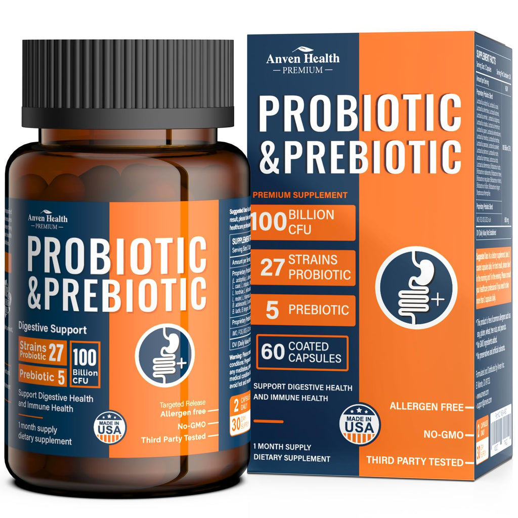 Anven Health 100 Billion Probiotics for Men and Women 27 Strains 5 Organic Prebiotics for Gut Digestive & Immune Health, Supports Diarrhea Gas Bloating,