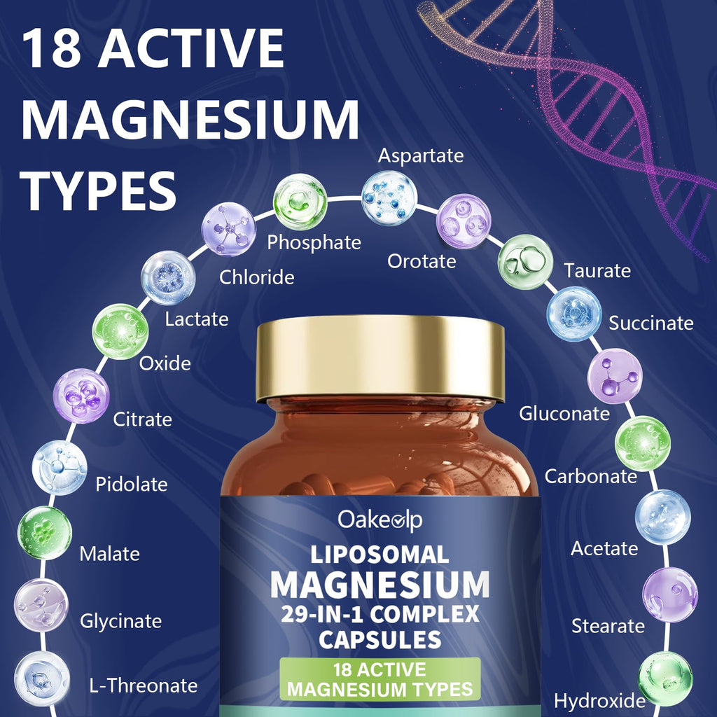 29-in-1 Liposomal 18 Active Types Magnesium Complex 1400MG Capsule,L-Threonate Glycinate Malate etc,Mild & Efficient,Extra Vitamin B6 B12 D3K2 & CoQ10, Relaxation Nerve* & Hert* Support Oakevlp buy supplements Au