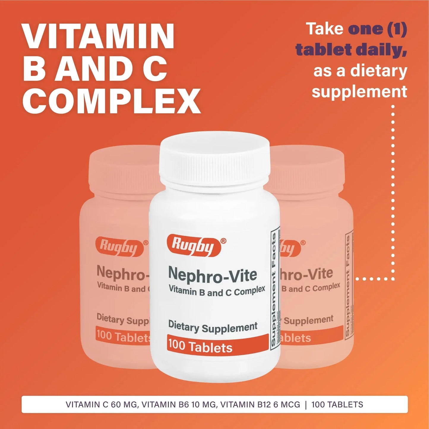 Rugby Nephro-Vite Vitamin B and C Complex Tablets - Dietary Supplement - 100 Count (1 Pack) RUGBY LABORATORIES