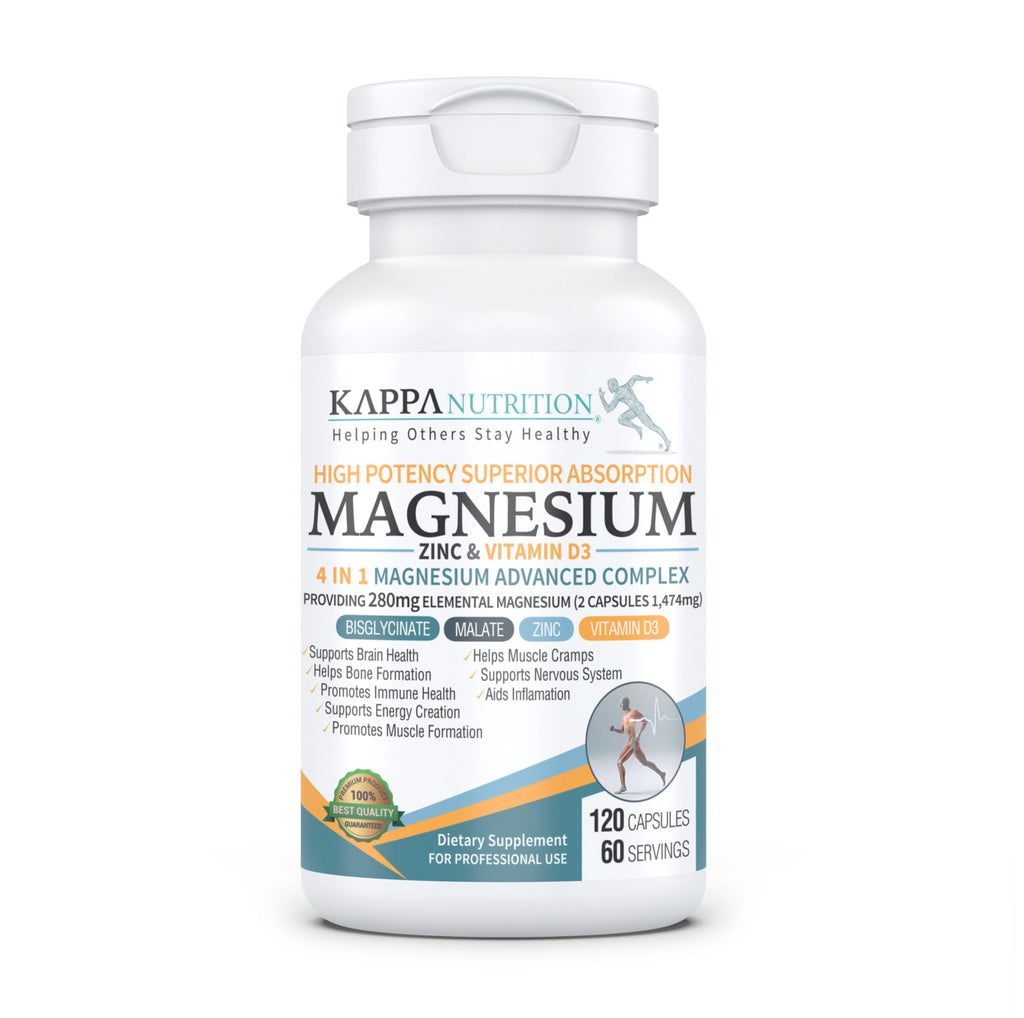 Kappa Nutrition Magnesium 4-in-1, 280mg Elemental Magnesium (Bisglycinate, Malate) + Zinc & Vitamin D3, Brain, Sleep, Energy, Muscle, Immune Support, 120 Vegan Capsules. KAPPA NUTRITION buy supplements Au