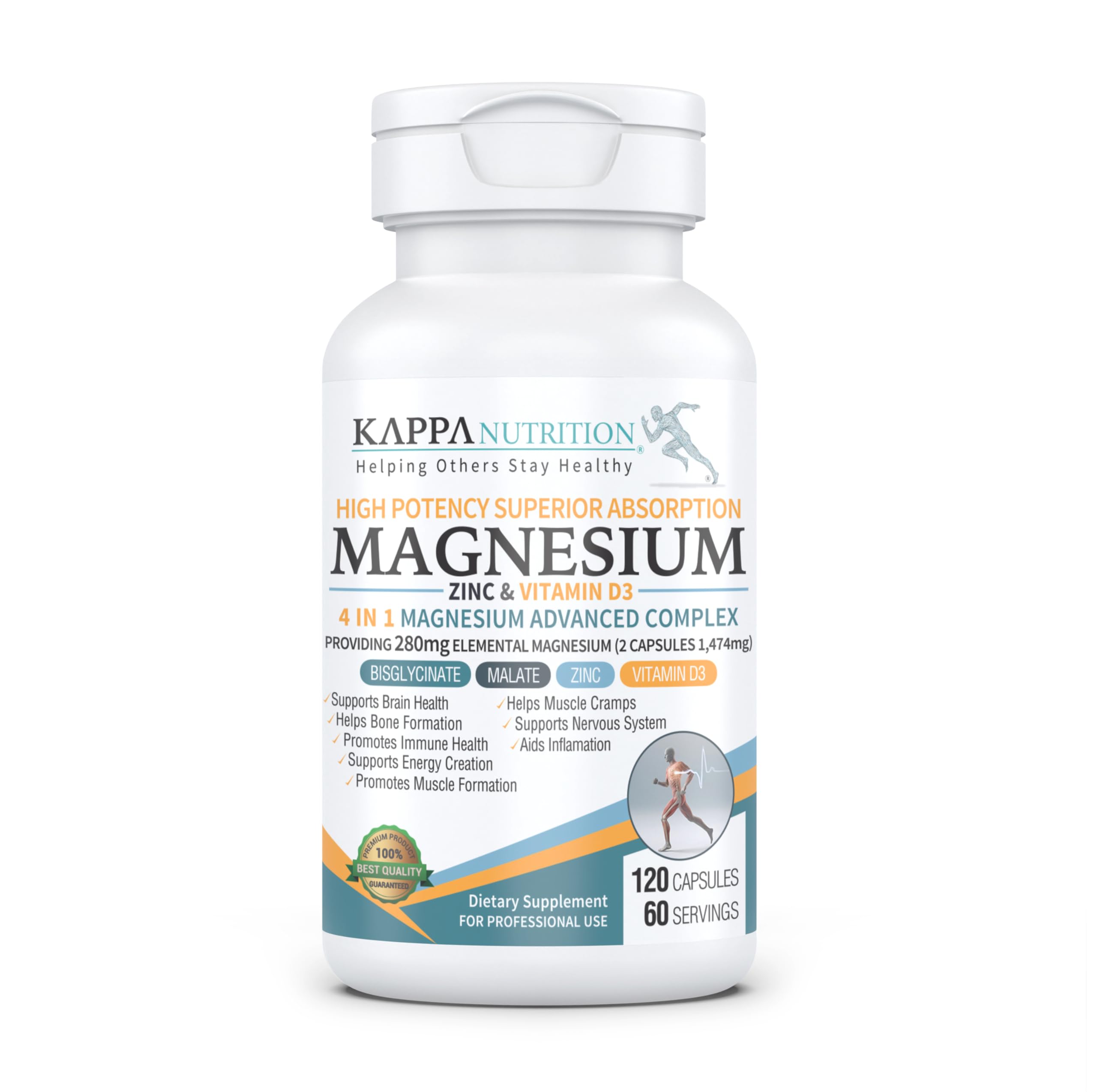 Kappa Nutrition Magnesium 4-in-1, 280mg Elemental Magnesium (Bisglycinate, Malate) + Zinc & Vitamin D3, Brain, Sleep, Energy, Muscle, Immune Support, 120 Vegan Capsules. KAPPA NUTRITION buy supplements Au