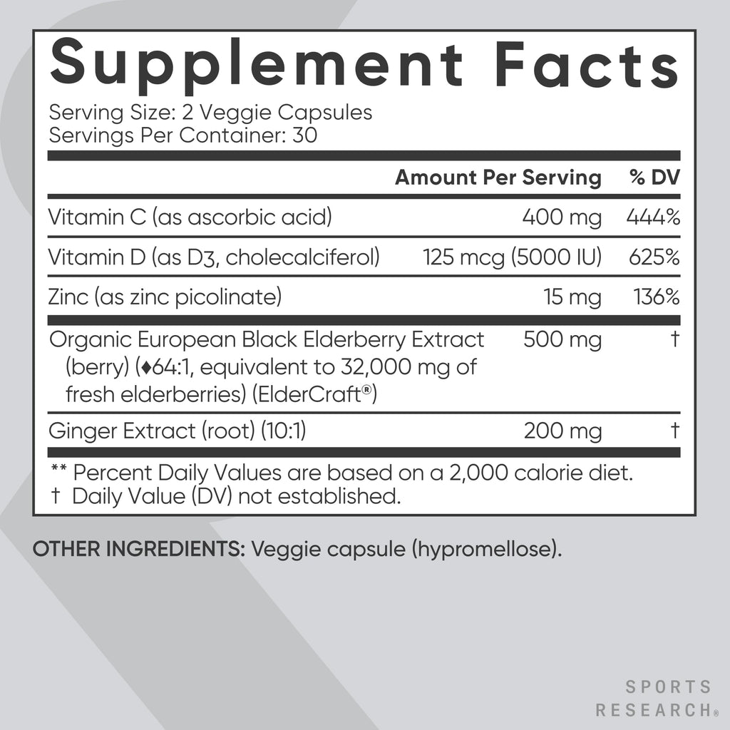 Sports Research® Elderberry Immune Support with Zinc, Ginger, Vitamin C & D3 - Vegan Friendly · Non-GMO · Gluten Free - 60 Veggie Capsules Sports Research buy supplements Au