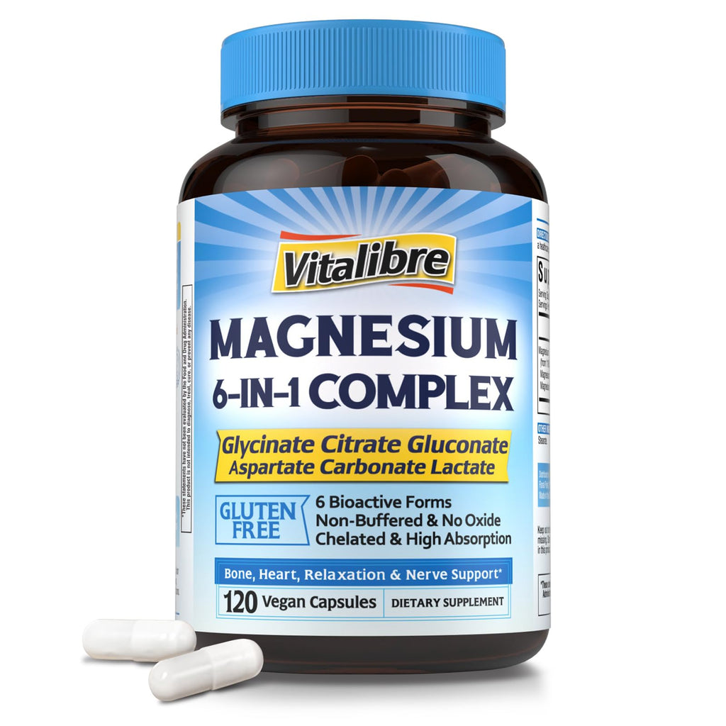 Vitalibre Magnesium 6-in-1 Complex supplement bottle with blue cap and white label on a white background