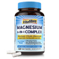 Vitalibre Magnesium 6-in-1 Complex supplement bottle with blue cap and white label on a white background
