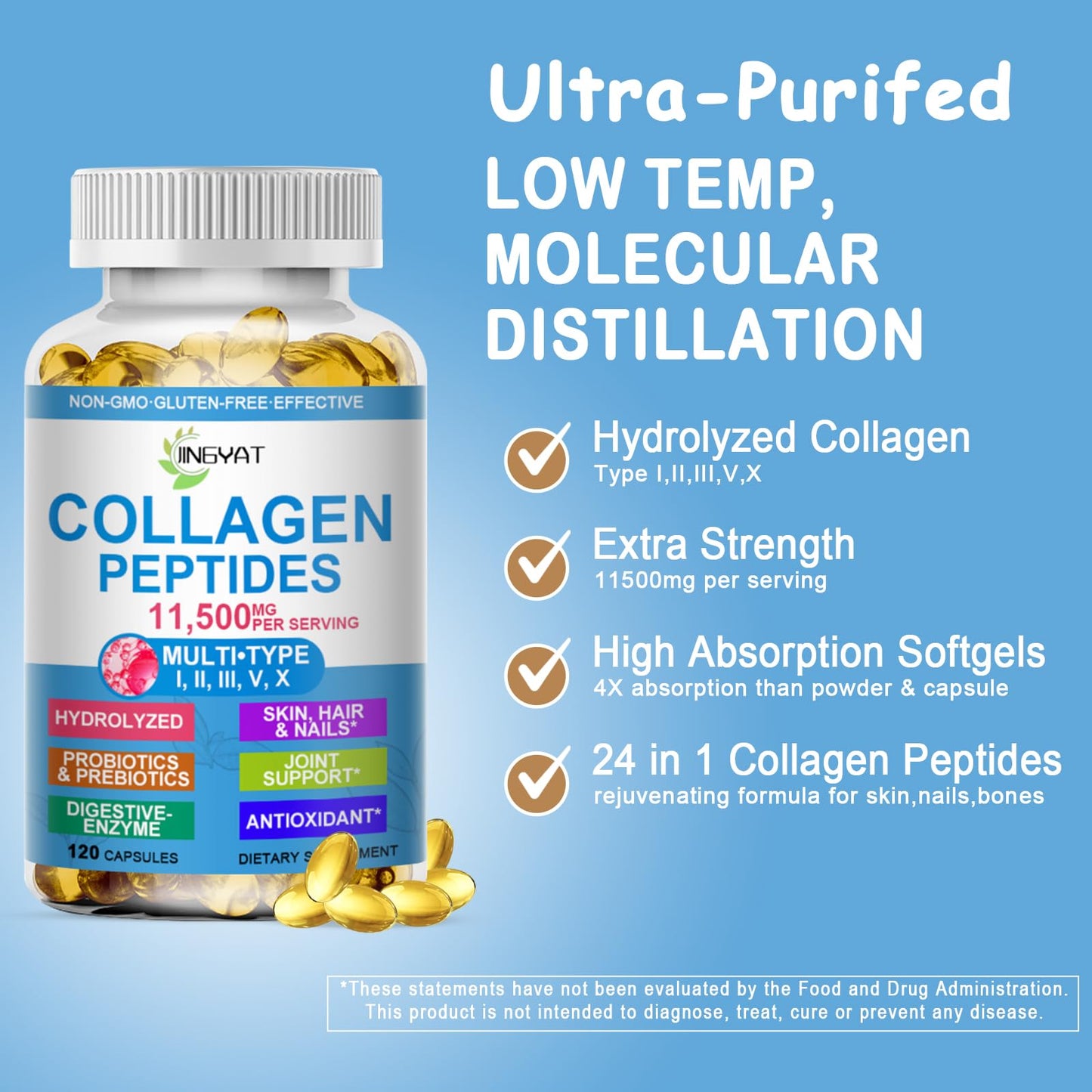 Collagen Peptides Softgels, Multi Collagen Peptide w/ Glucosamine Chondroitin MSM Biotin, Hydrolyzed Collagen Peptides Complex for Women Supports Skin Hair