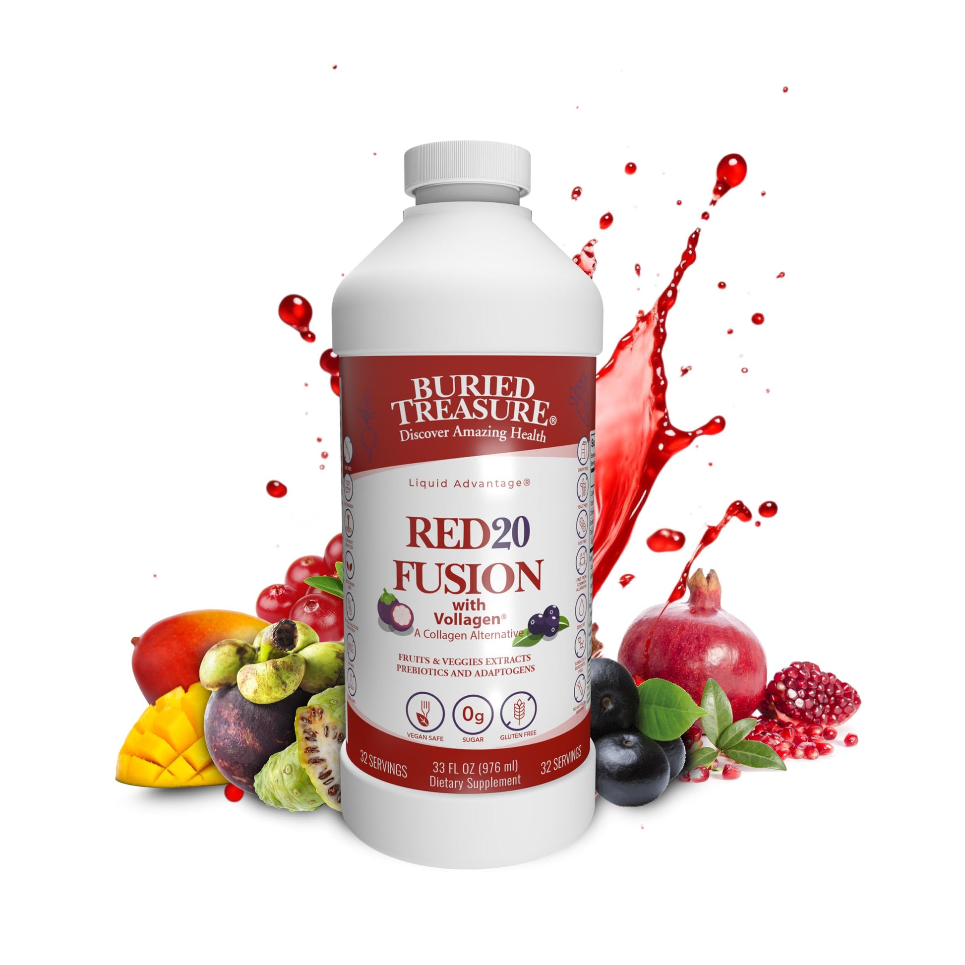 Buried Treasure Red20 Fusion Superfood Blend – Acai, Beets, Blueberry, Fiber, Adaptogens, Lutein, Vegan Vollagen, Natural Energy, Digestion, Eye Health & Wellness Support, 32oz Liquid Buried TreasureBuy Supplements Australia
